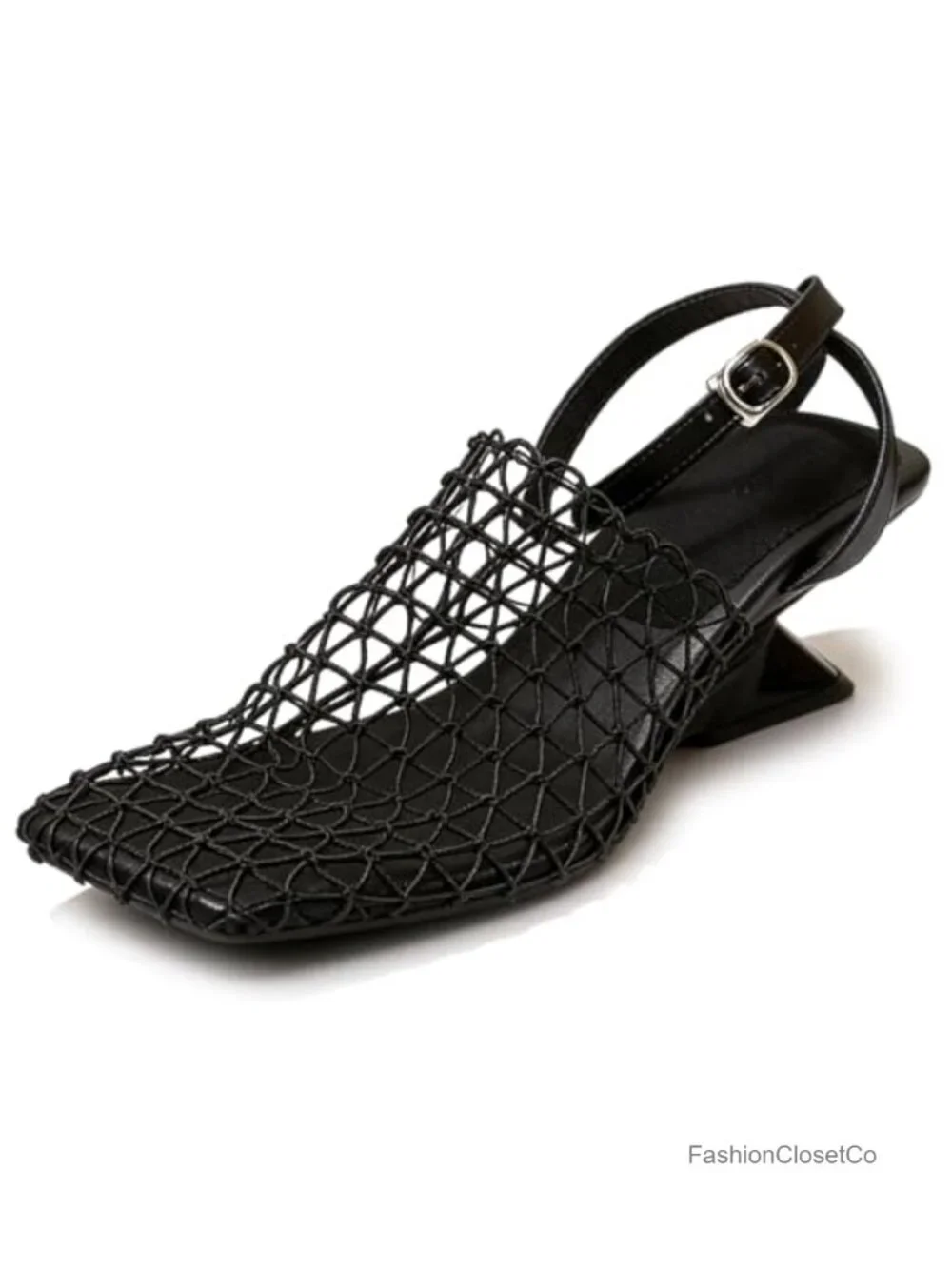 Fishnet Wedge Sandals Closed Square Toe Block Heel Breathable Mesh Slingback